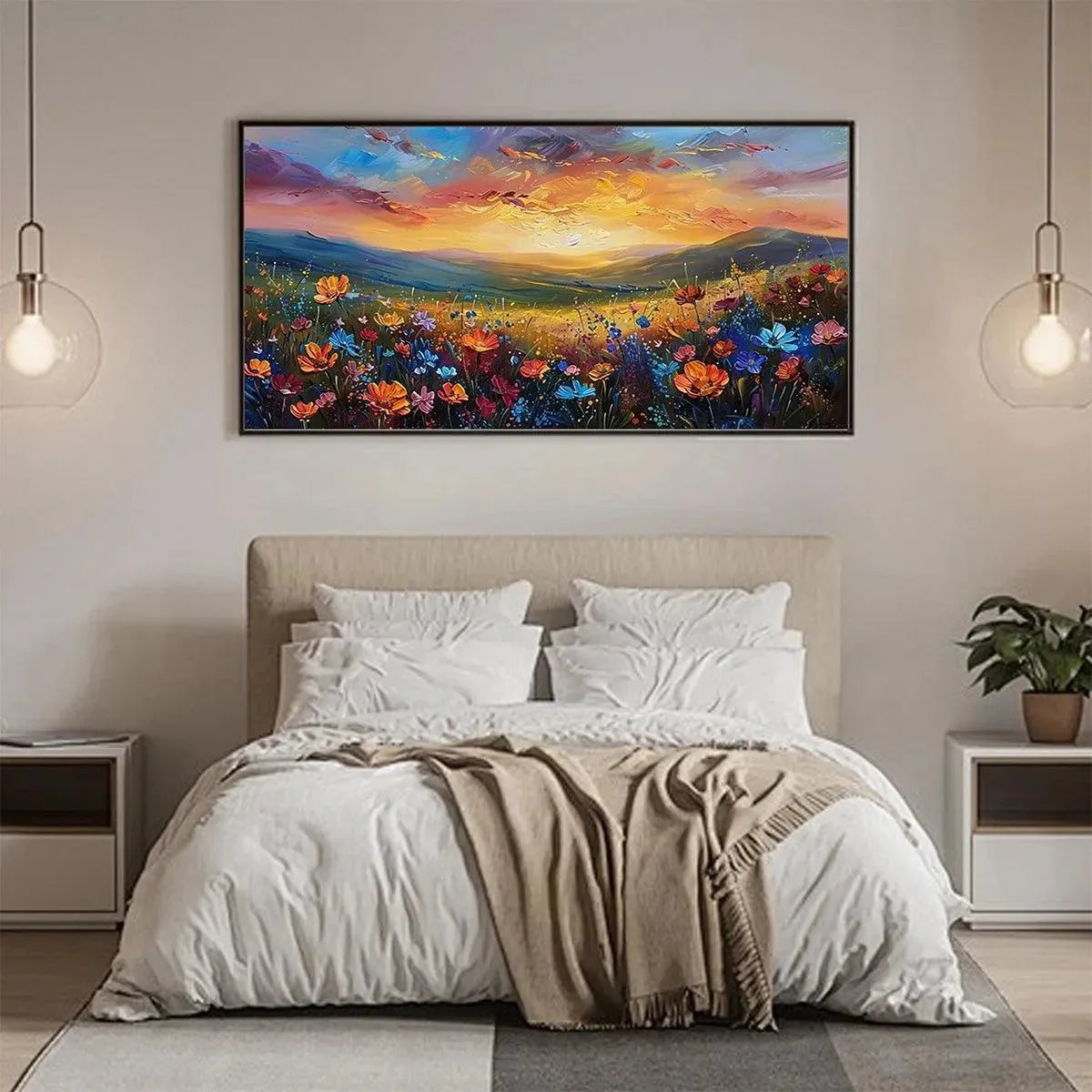 SUNSET SERENADE: Textured Floral Landscape Painting, Impasto Wall Art, Horizontal Canvas, Sunset Decor | rolled canvas, ready for custom framing