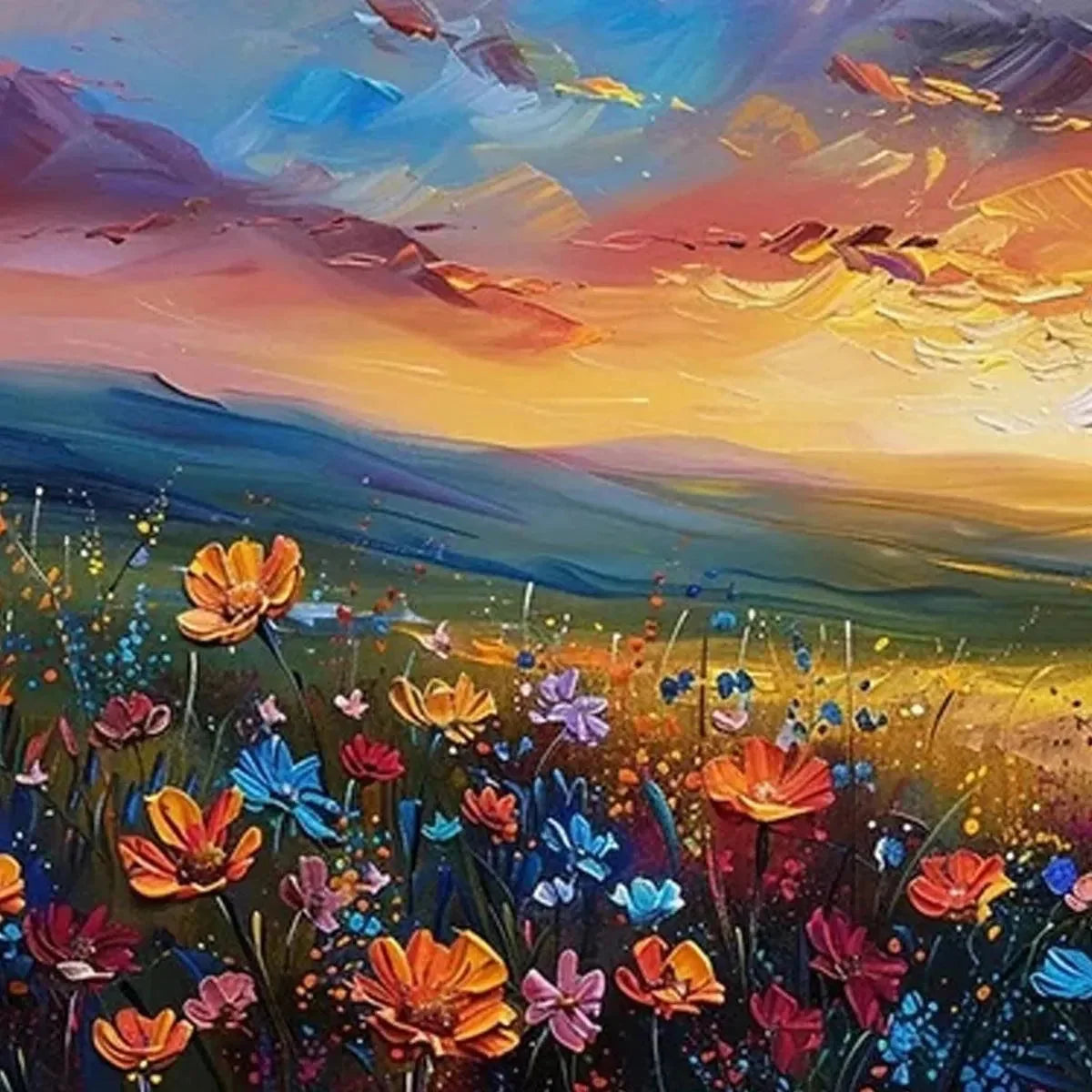 SUNSET SERENADE: Textured Floral Landscape Painting, Impasto Wall Art, Horizontal Canvas, Sunset Decor | black frame version on white wall
