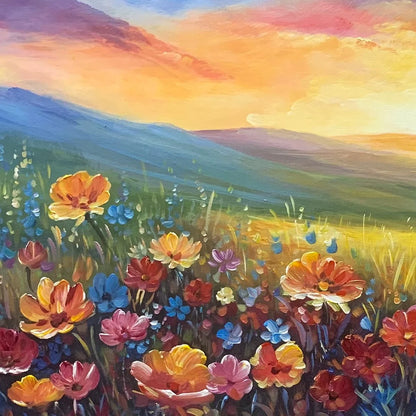SUNSET SERENADE: Textured Floral Landscape Painting, Impasto Wall Art, Horizontal Canvas, Sunset Decor | Landscape mood, soft natural light studio shot