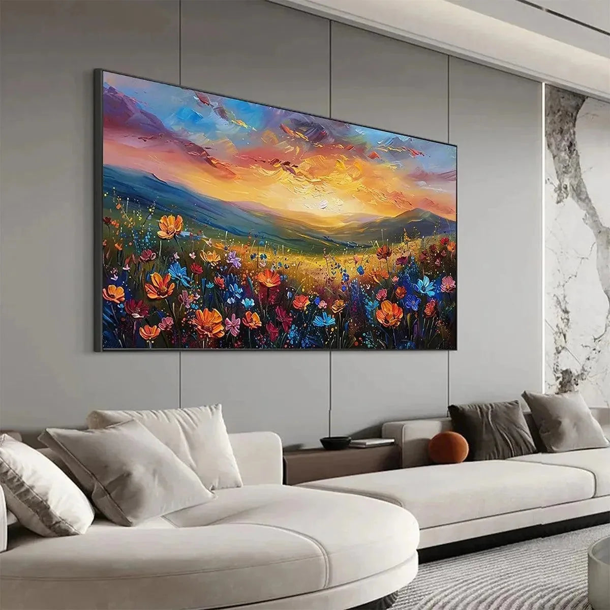 SUNSET SERENADE: Textured Floral Landscape Painting, Impasto Wall Art, Horizontal Canvas, Sunset Decor | multi-color palette, original oil on stretched canvas art