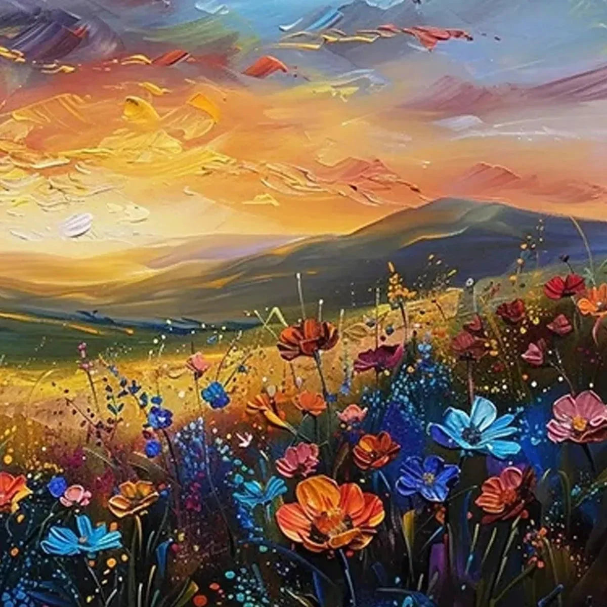 SUNSET SERENADE: Textured Floral Landscape Painting, Impasto Wall Art, Horizontal Canvas, Sunset Decor | texture detail, palette knife marks visible