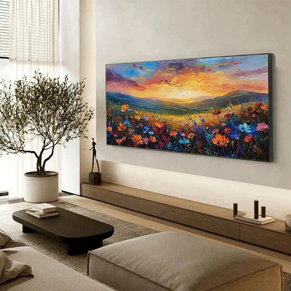 SUNSET SERENADE: Textured Floral Landscape Painting, Impasto Wall Art, Horizontal Canvas, Sunset Decor | texture detail, palette knife marks visible