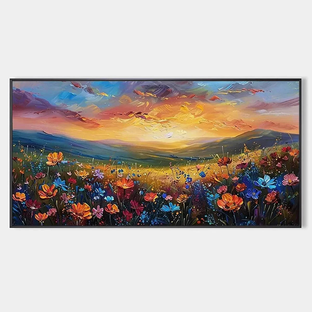 SUNSET SERENADE: Textured Floral Landscape Painting, Impasto Wall Art, Horizontal Canvas, Sunset Decor | hanging in living room, Landscape wall art