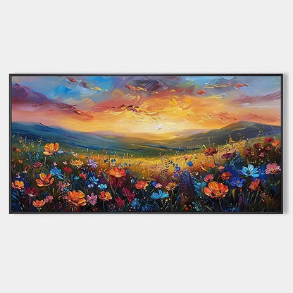 SUNSET SERENADE: Textured Floral Landscape Painting, Impasto Wall Art, Horizontal Canvas, Sunset Decor | hanging in living room, Landscape wall art