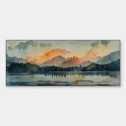 SUNSET SERENITY PANORAMIC: Landscape Painting, Panoramic Wall Art, Watercolor Decor | hanging in living room, Landscape wall art