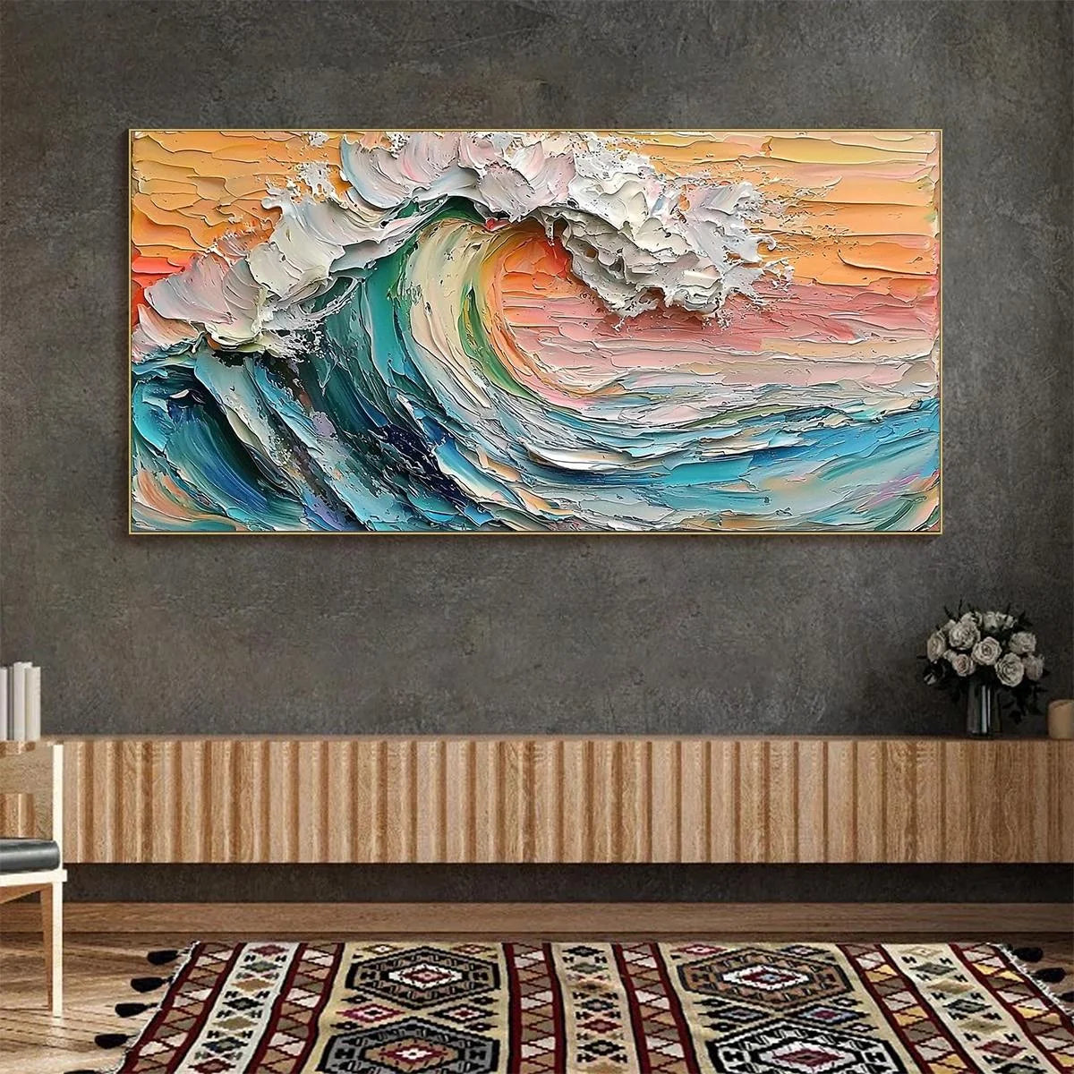SUNSET SURGE: Textured Impasto Ocean Wave Oil Painting | Abstract closeup, raised brushwork detail