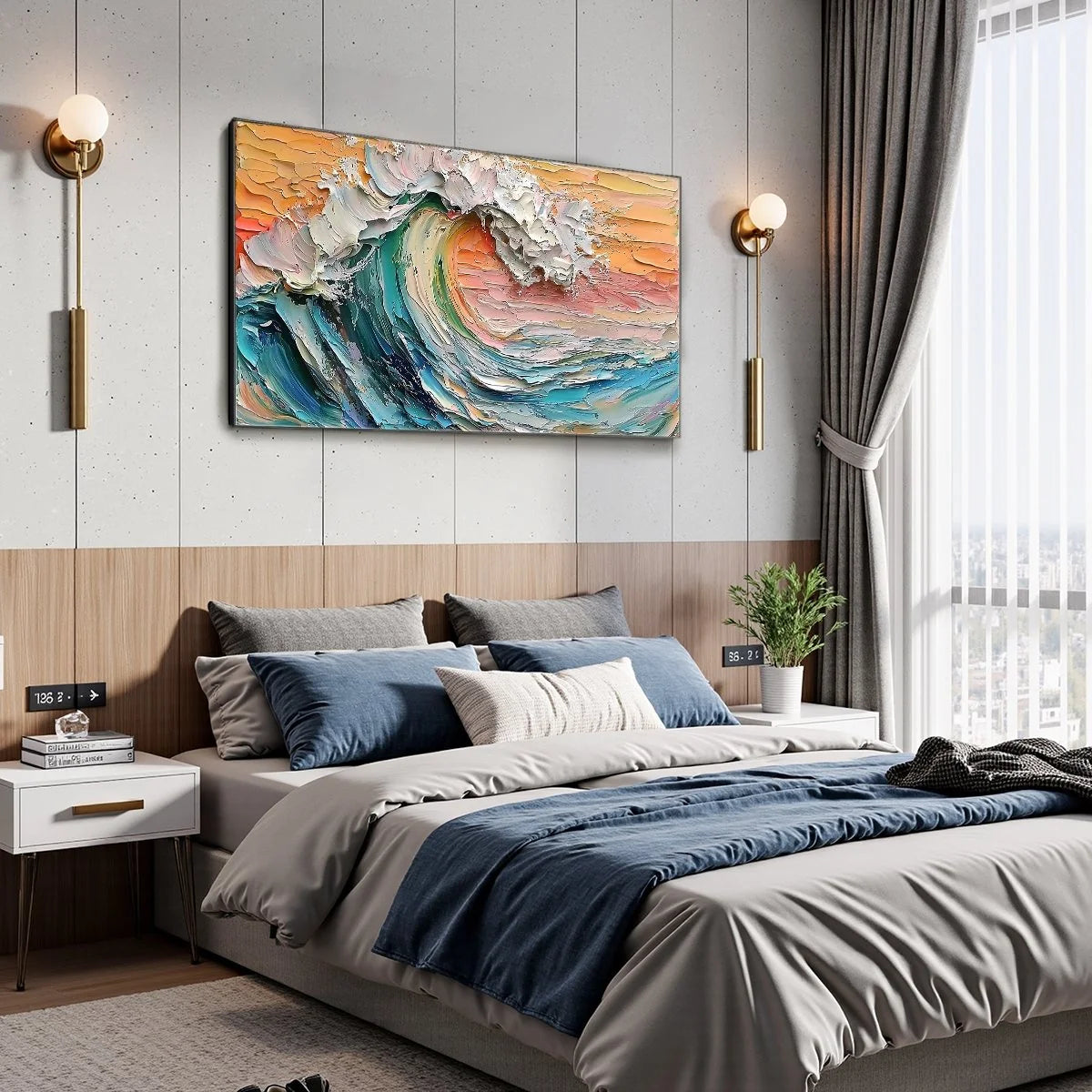 SUNSET SURGE: Textured Impasto Ocean Wave Oil Painting | gold frame stretched on neutral wall