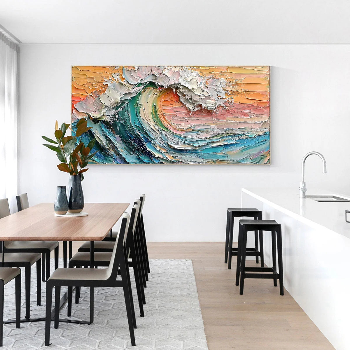 SUNSET SURGE: Textured Impasto Ocean Wave Oil Painting | black frame version on white wall