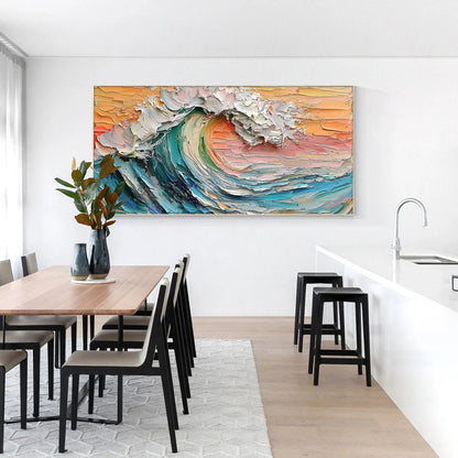 SUNSET SURGE: Textured Impasto Ocean Wave Oil Painting | black frame version on white wall