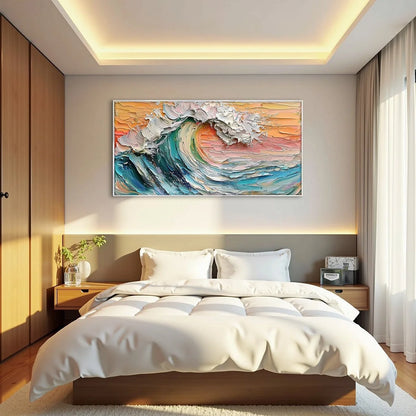 SUNSET SURGE: Textured Impasto Ocean Wave Oil Painting | Abstract mood, soft natural light studio shot