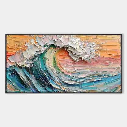 SUNSET SURGE: Textured Impasto Ocean Wave Oil Painting | hanging in living room, Abstract wall art