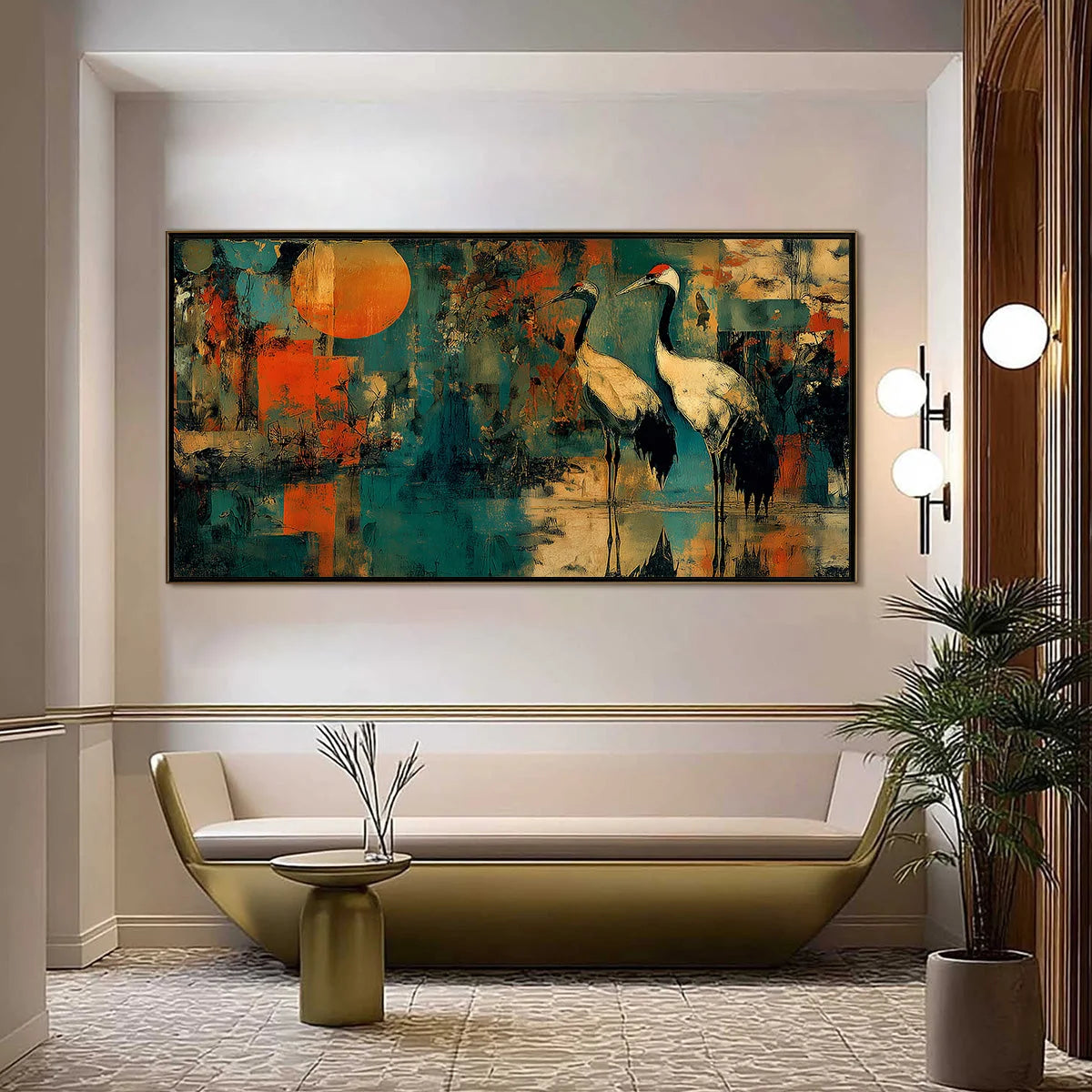 SUNSET VIGIL: Abstract Crane Painting with Teal and Orange Tones | Abstract closeup, raised brushwork detail