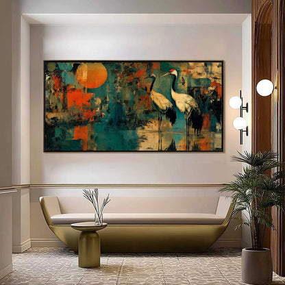SUNSET VIGIL: Abstract Crane Painting with Teal and Orange Tones | Abstract closeup, raised brushwork detail