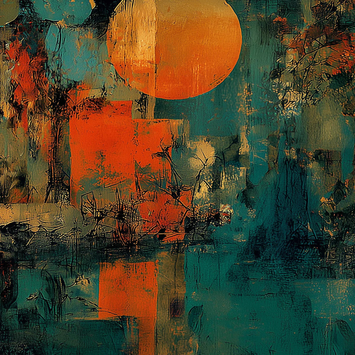 SUNSET VIGIL: Abstract Crane Painting with Teal and Orange Tones | rectangular format, hand-painted canvas edge
