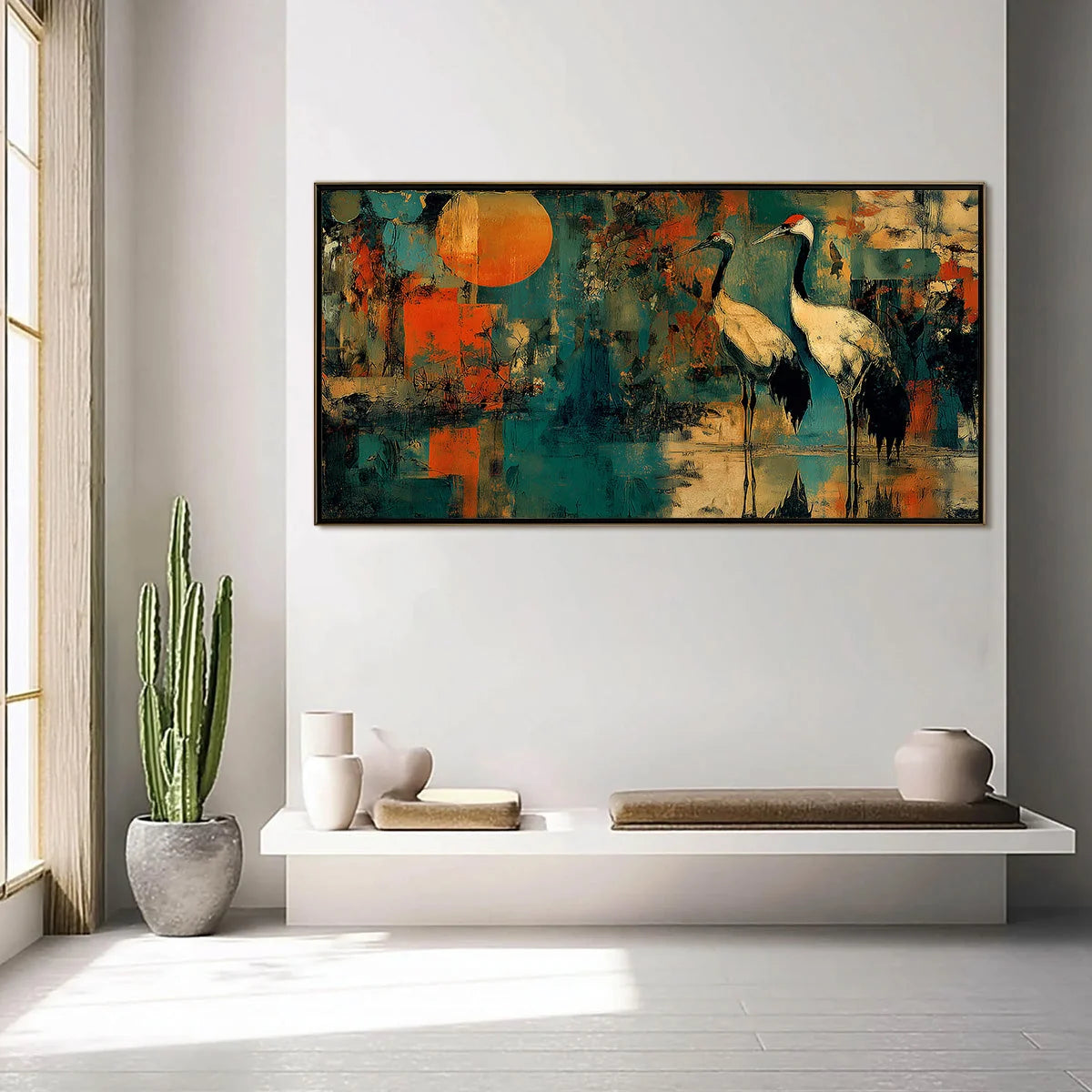SUNSET VIGIL: Abstract Crane Painting with Teal and Orange Tones | gold frame stretched on neutral wall