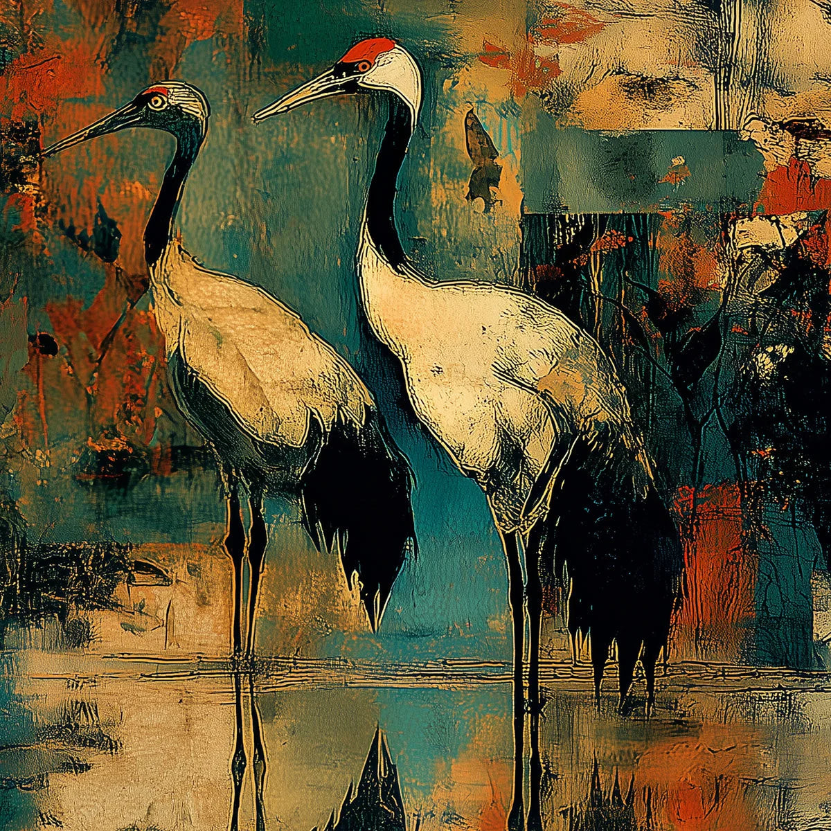 SUNSET VIGIL: Abstract Crane Painting with Teal and Orange Tones | rolled canvas, ready for custom framing
