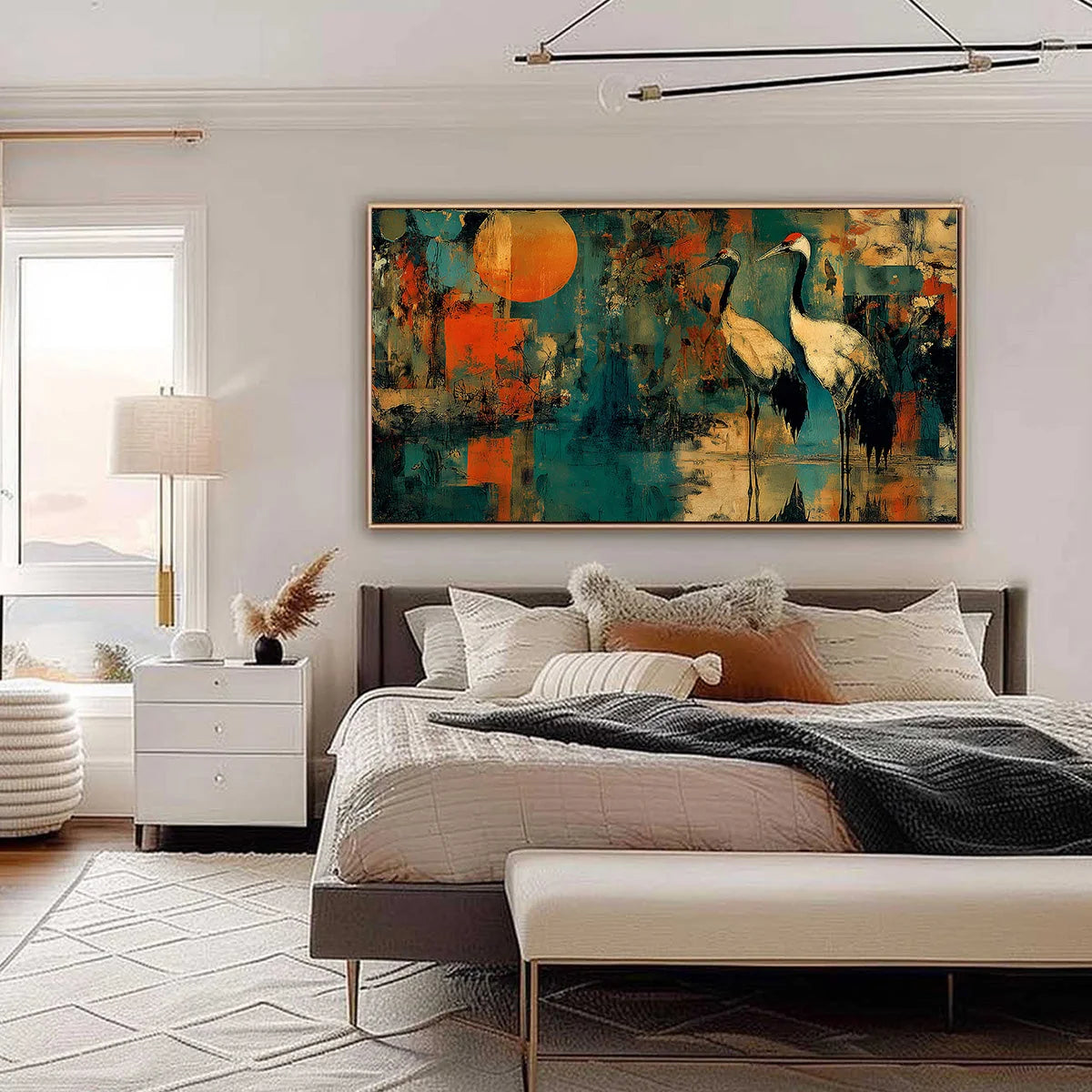 SUNSET VIGIL: Abstract Crane Painting with Teal and Orange Tones | black frame version on white wall