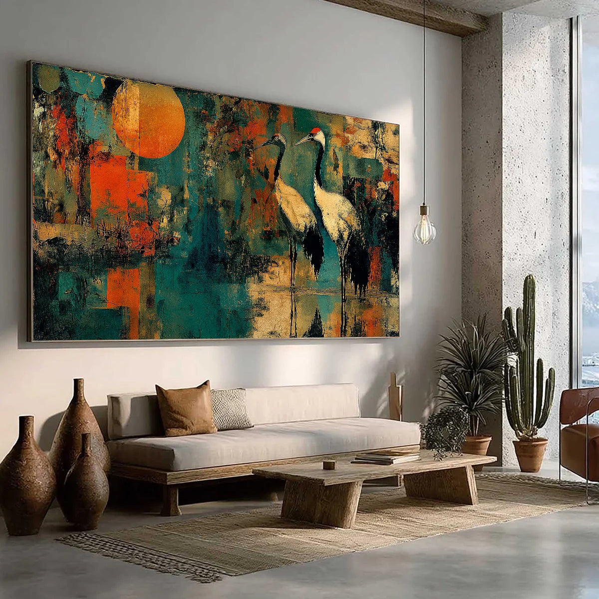SUNSET VIGIL: Abstract Crane Painting with Teal and Orange Tones | green palette, original oil on stretched canvas art