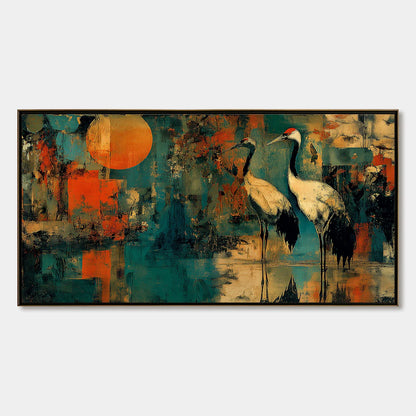 SUNSET VIGIL: Abstract Crane Painting with Teal and Orange Tones | hanging in living room, Abstract wall art