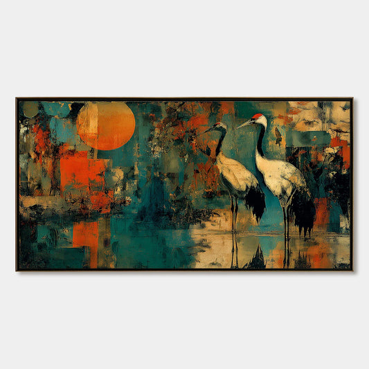 SUNSET VIGIL: Abstract Crane Painting with Teal and Orange Tones | hanging in living room, Abstract wall art
