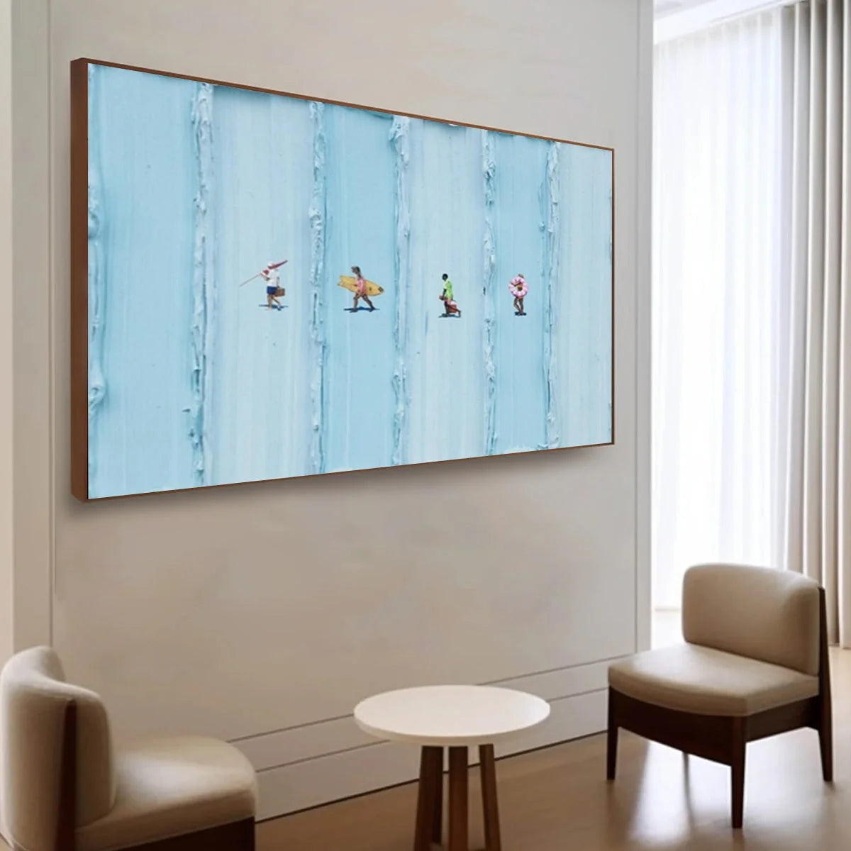 SURF STRIPES: Minimalist Beach Impasto Painting | gold frame stretched on neutral wall