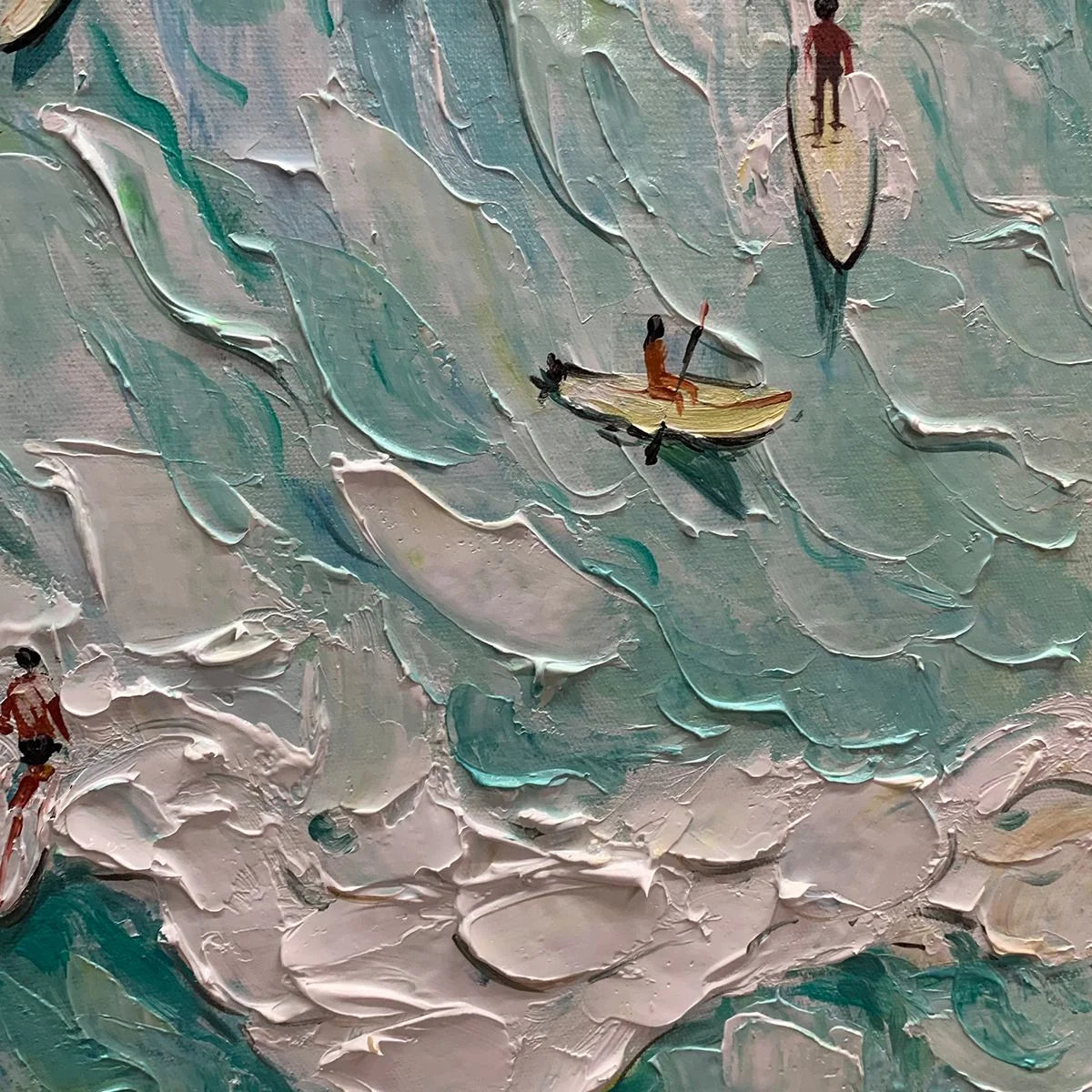 SURF'S UP: Textured Aerial View of Surfers Oil Painting | rectangular format, hand-painted canvas edge