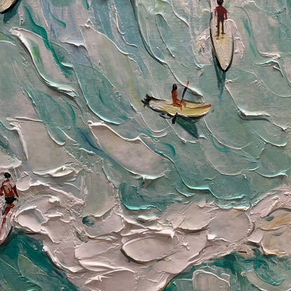 SURF'S UP: Textured Aerial View of Surfers Oil Painting | rectangular format, hand-painted canvas edge