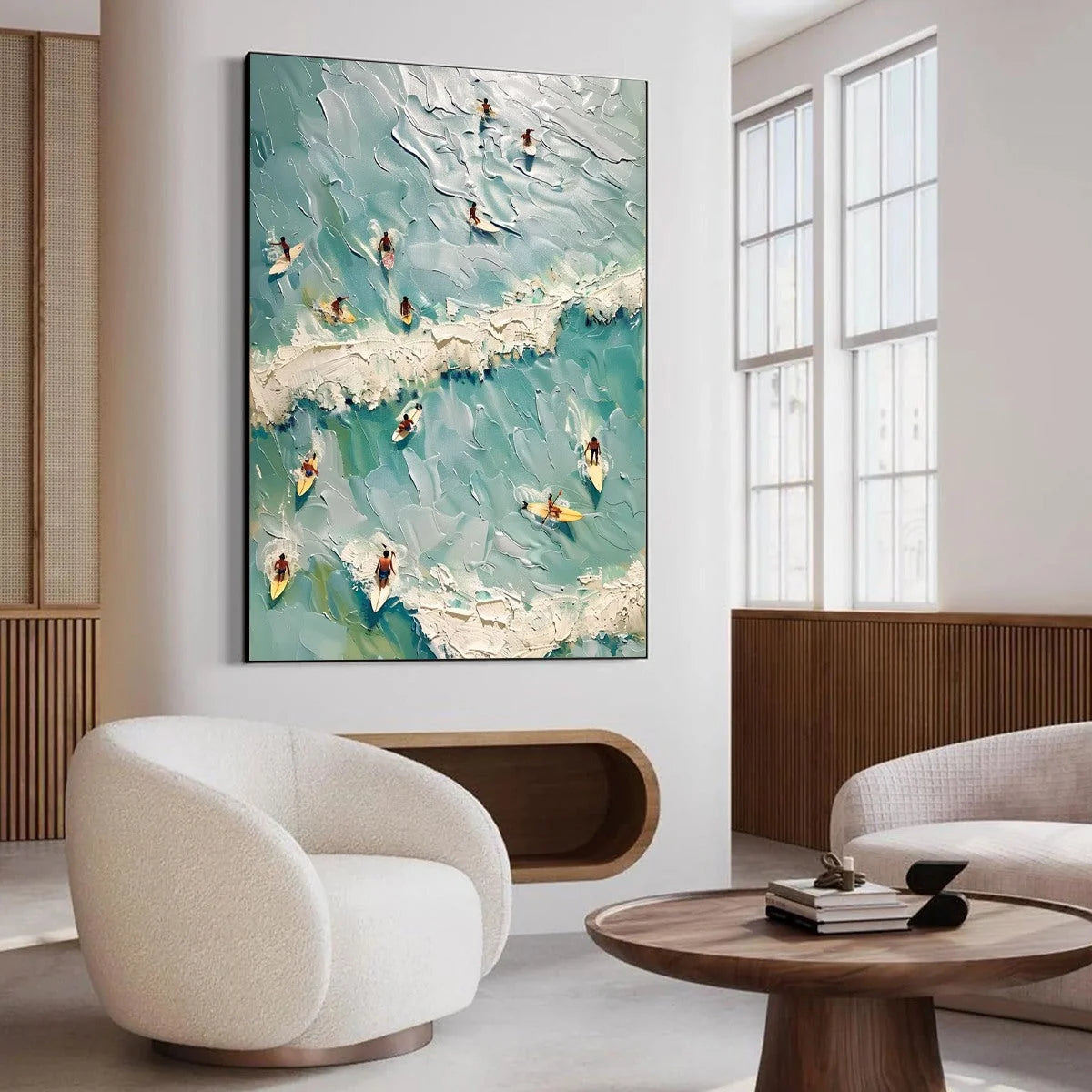 SURF'S UP: Textured Aerial View of Surfers Oil Painting | gold frame stretched on neutral wall