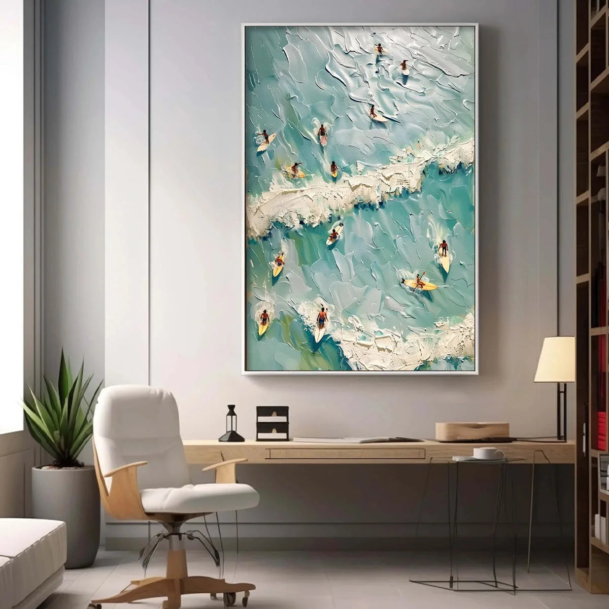 SURF'S UP: Textured Aerial View of Surfers Oil Painting | black frame version on white wall