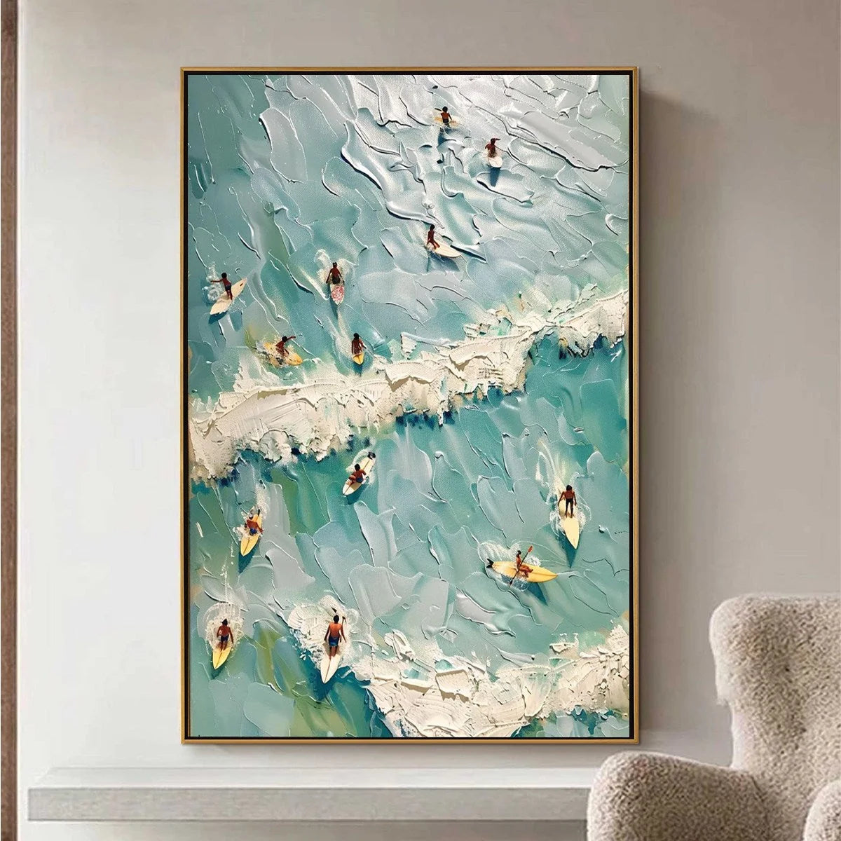 SURF'S UP: Textured Aerial View of Surfers Oil Painting | Abstract mood, soft natural light studio shot