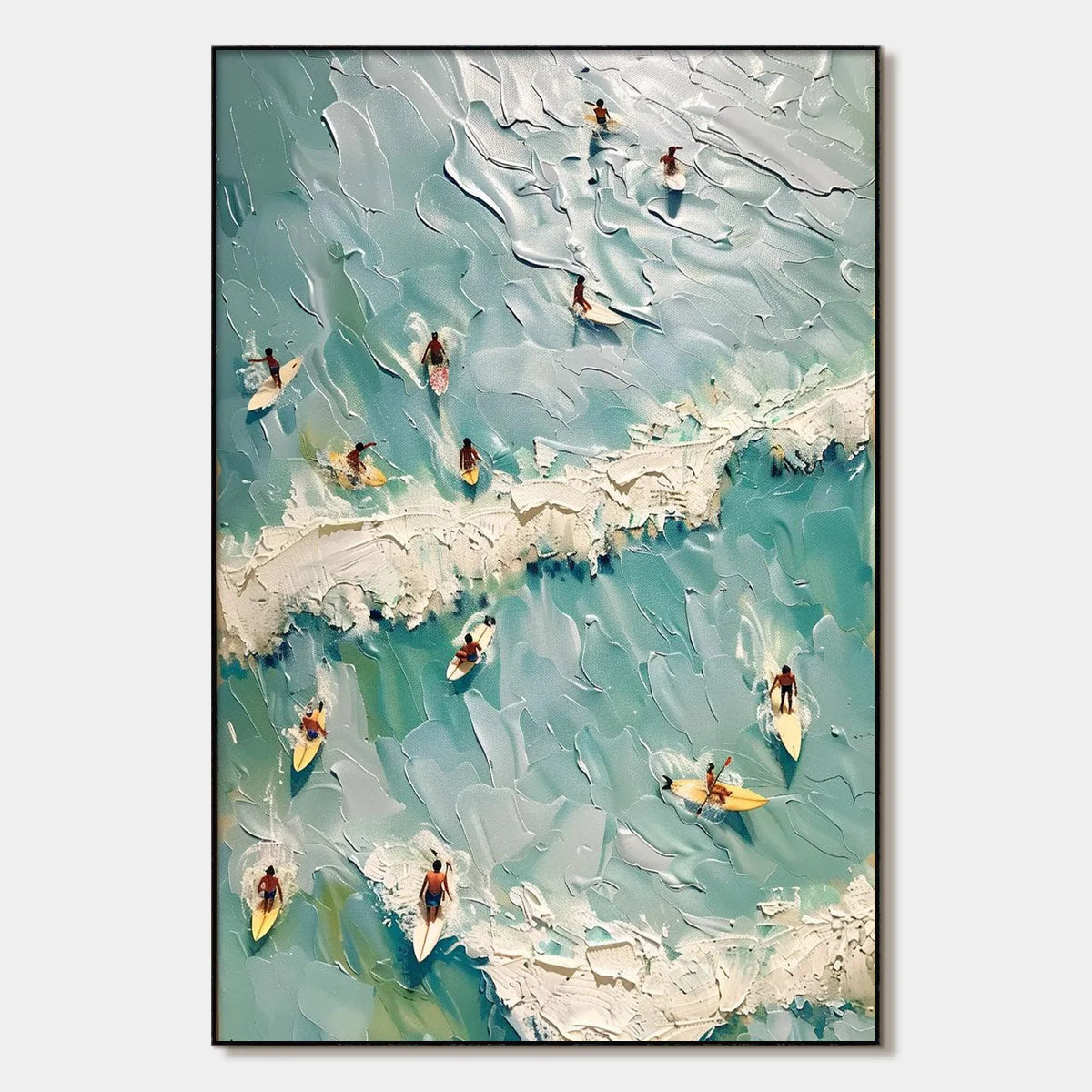 SURF'S UP: Textured Aerial View of Surfers Oil Painting | hanging in living room, Abstract wall art