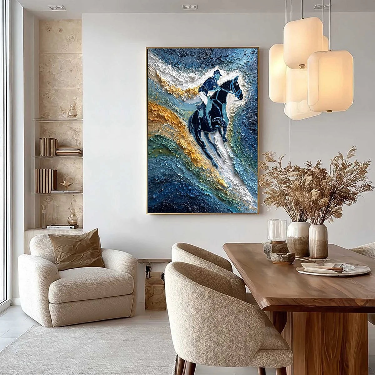 SURGE OF POWER: Textured Impasto Equestrian Horse Sport Oil Painting | gold frame stretched on neutral wall