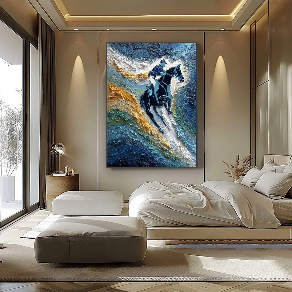 SURGE OF POWER: Textured Impasto Equestrian Horse Sport Oil Painting | black frame version on white wall