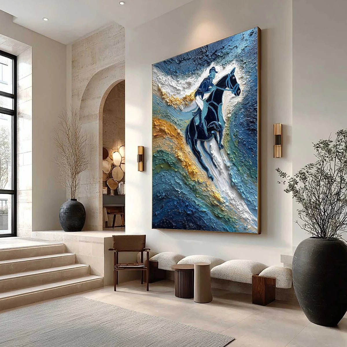 SURGE OF POWER: Textured Impasto Equestrian Horse Sport Oil Painting | Abstract mood, soft natural light studio shot