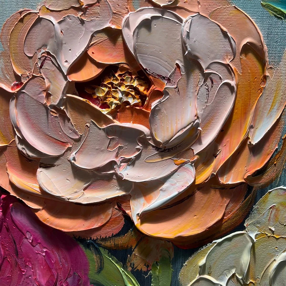SWEET PEONY RHAPSODY: Textured Impasto Floral Oil Painting | rectangular format, hand-painted canvas edge