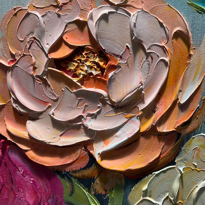 SWEET PEONY RHAPSODY: Textured Impasto Floral Oil Painting | rectangular format, hand-painted canvas edge
