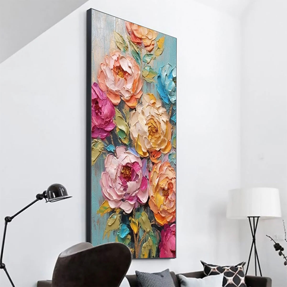 SWEET PEONY RHAPSODY: Textured Impasto Floral Oil Painting | gold frame stretched on neutral wall