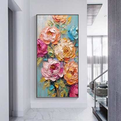 SWEET PEONY RHAPSODY: Textured Impasto Floral Oil Painting | black frame version on white wall