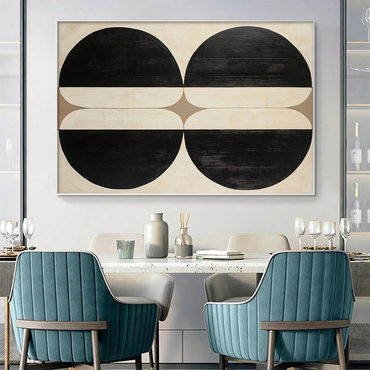 SYMMETRY: Minimalist Geometric Abstract Oil Painting | gold frame stretched on neutral wall