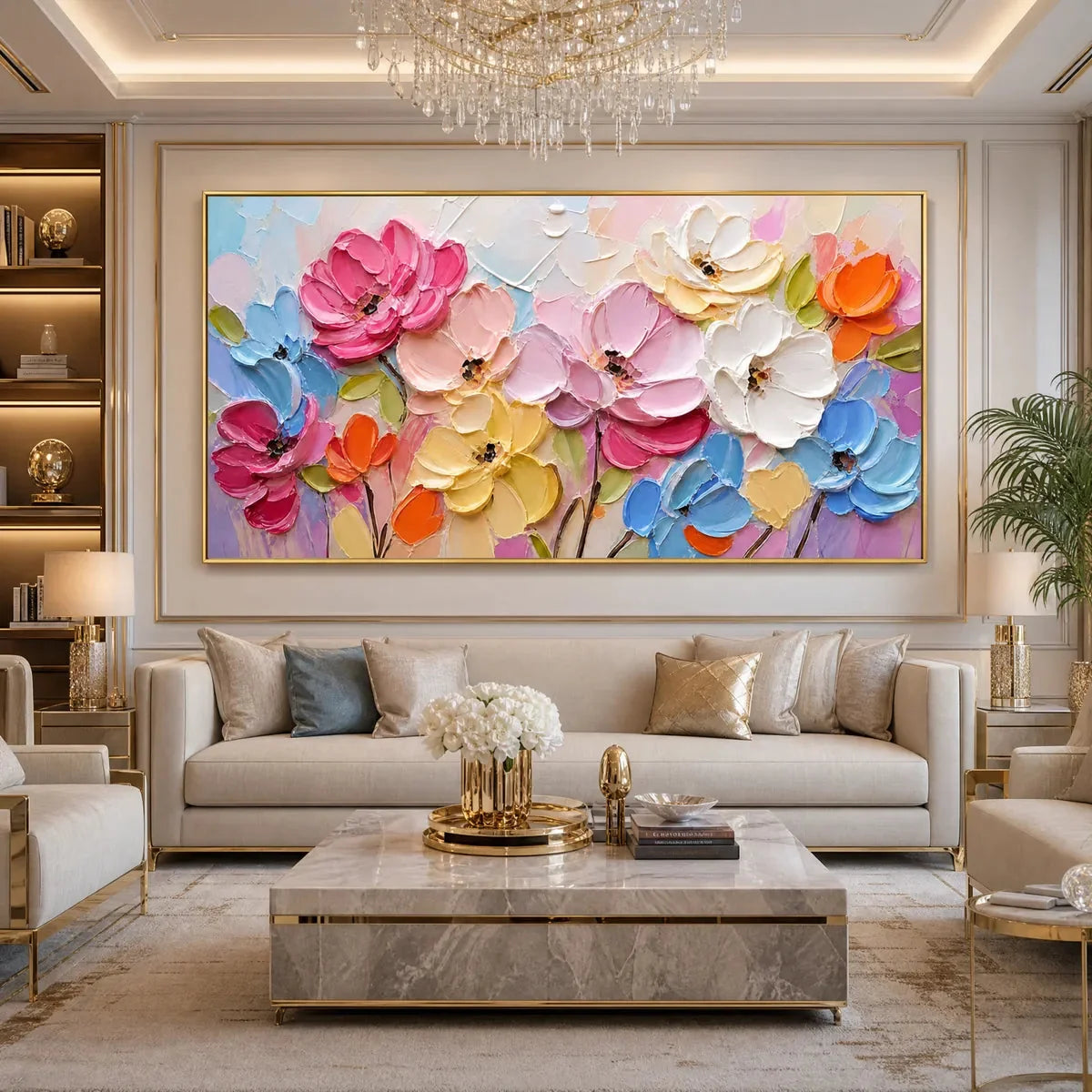 SYMPHONY IN BLOOM: Colorful Impasto Floral Palette Knife Painting | Abstract closeup, raised brushwork detail