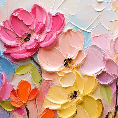 SYMPHONY IN BLOOM: Colorful Impasto Floral Palette Knife Painting | rectangular format, hand-painted canvas edge