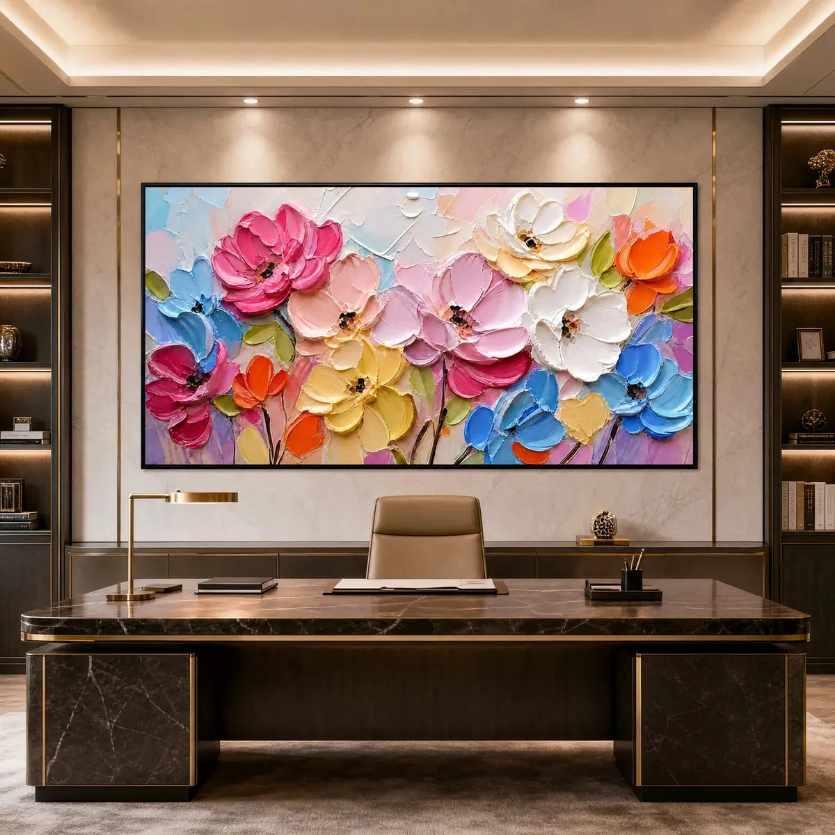 SYMPHONY IN BLOOM: Colorful Impasto Floral Palette Knife Painting | gold frame stretched on neutral wall