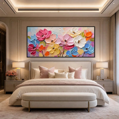 SYMPHONY IN BLOOM: Colorful Impasto Floral Palette Knife Painting | rolled canvas, ready for custom framing