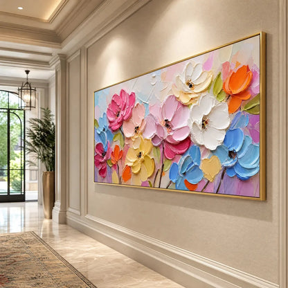 SYMPHONY IN BLOOM: Colorful Impasto Floral Palette Knife Painting | black frame version on white wall