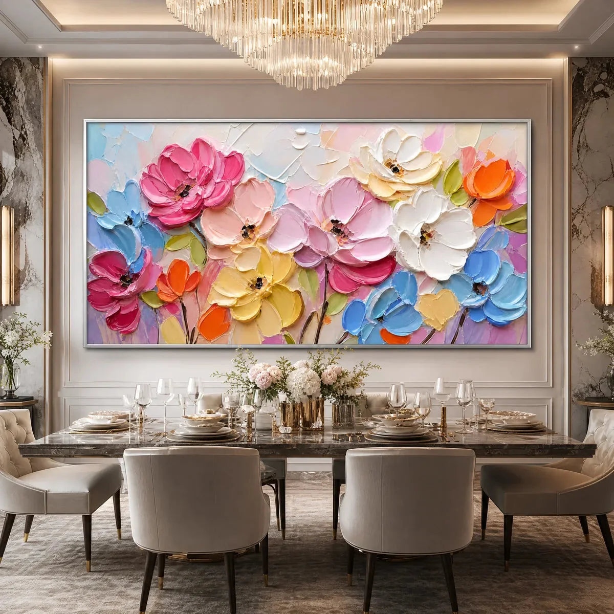 SYMPHONY IN BLOOM: Colorful Impasto Floral Palette Knife Painting | Abstract mood, soft natural light studio shot