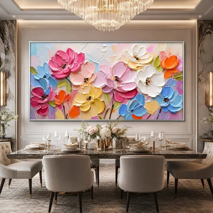 SYMPHONY IN BLOOM: Colorful Impasto Floral Palette Knife Painting | Abstract mood, soft natural light studio shot