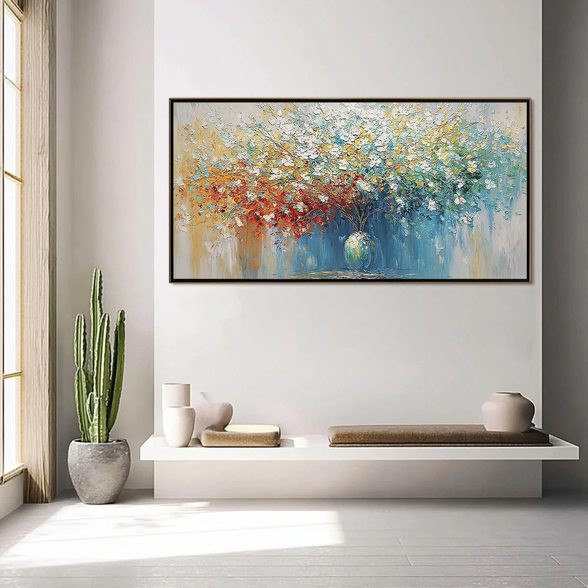 SYMPHONY IN BLOOM: Vibrant Textured Palette Knife Floral Painting | gold frame stretched on neutral wall