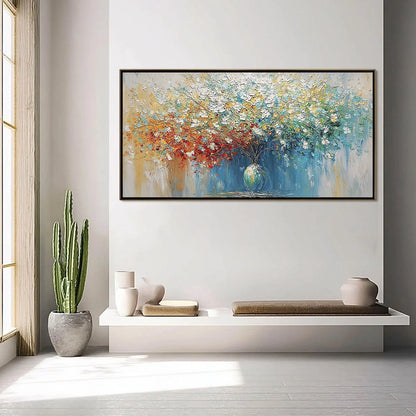 SYMPHONY IN BLOOM: Vibrant Textured Palette Knife Floral Painting | gold frame stretched on neutral wall