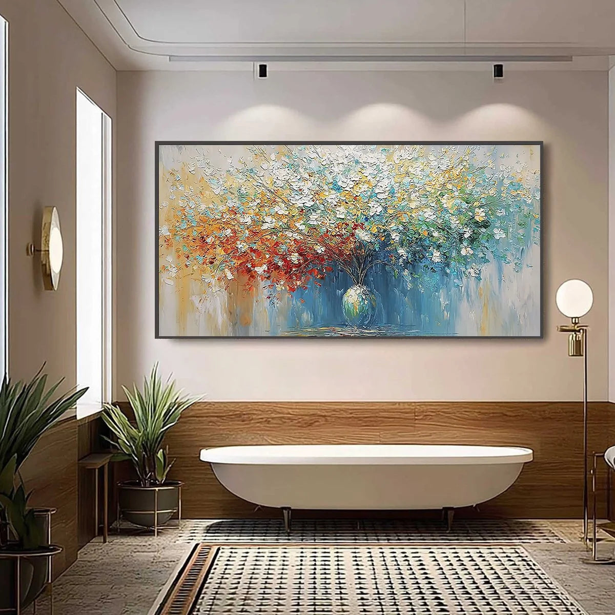 SYMPHONY IN BLOOM: Vibrant Textured Palette Knife Floral Painting | black frame version on white wall