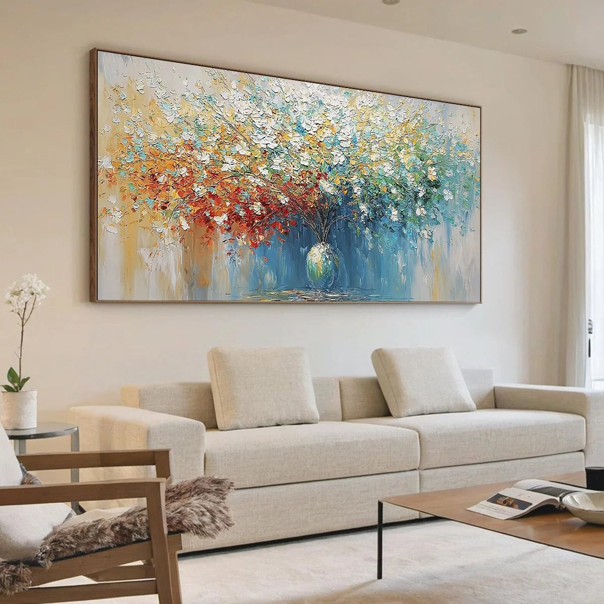 SYMPHONY IN BLOOM: Vibrant Textured Palette Knife Floral Painting | Abstract mood, soft natural light studio shot